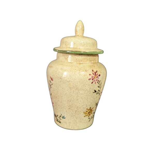 Hand-Painted Floral Ceramic Ginger Jar With Lid 7.5" Tall Vintage Speckled Beige - Picture 4 of 8